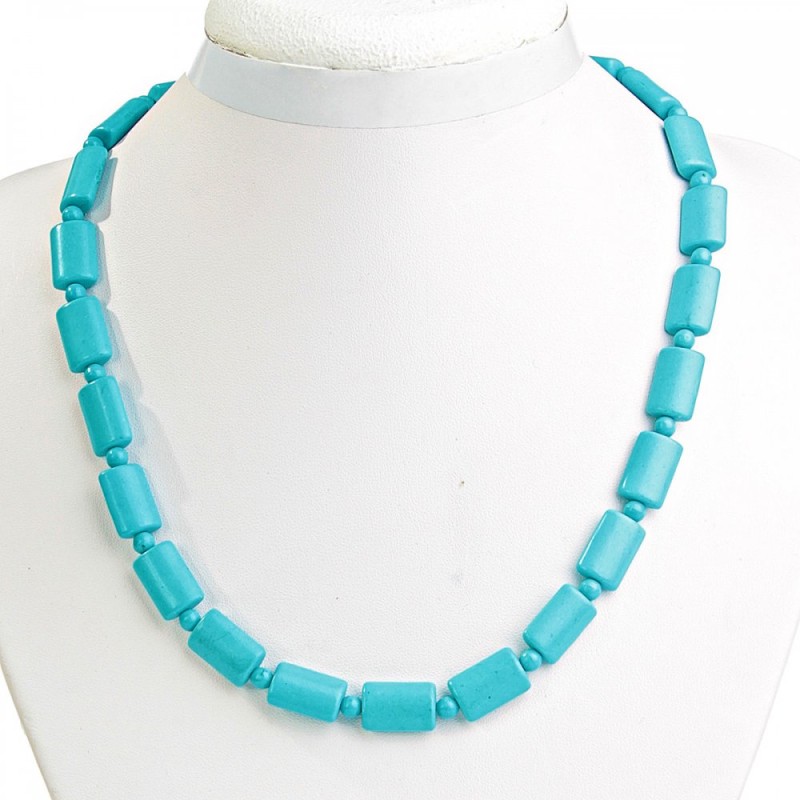 Blue Turquoise Beads Rectangular 10×15mm and Round Bead Between Them, Length 49cm