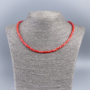 Choker Necklace with Natural Mother-of-P pearl (toned) Bright Red Smooth Rondelle, 4×2 mm ±, length 48 cm ±