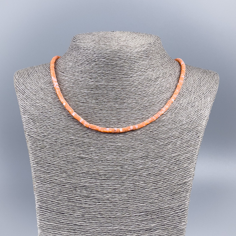 Necklace-choker with natural mother-of-pearl (toned) carrot-orange smooth rondelle, diameter 4x2 mm, length 48 cm
