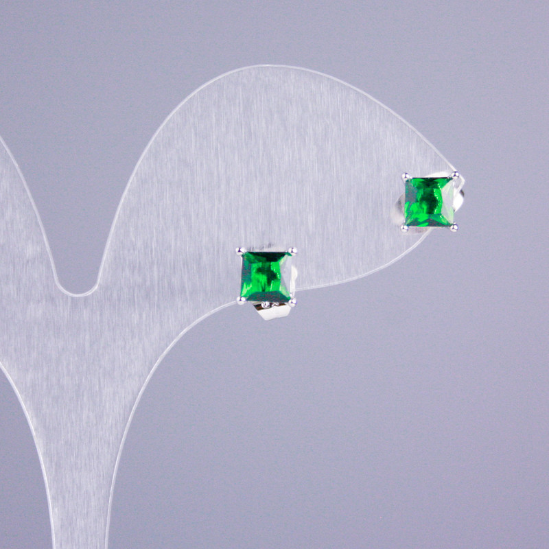 Earrings 'Stud' Xuping Rhodium with green stone 5x5mm Square +-, length 16mm+