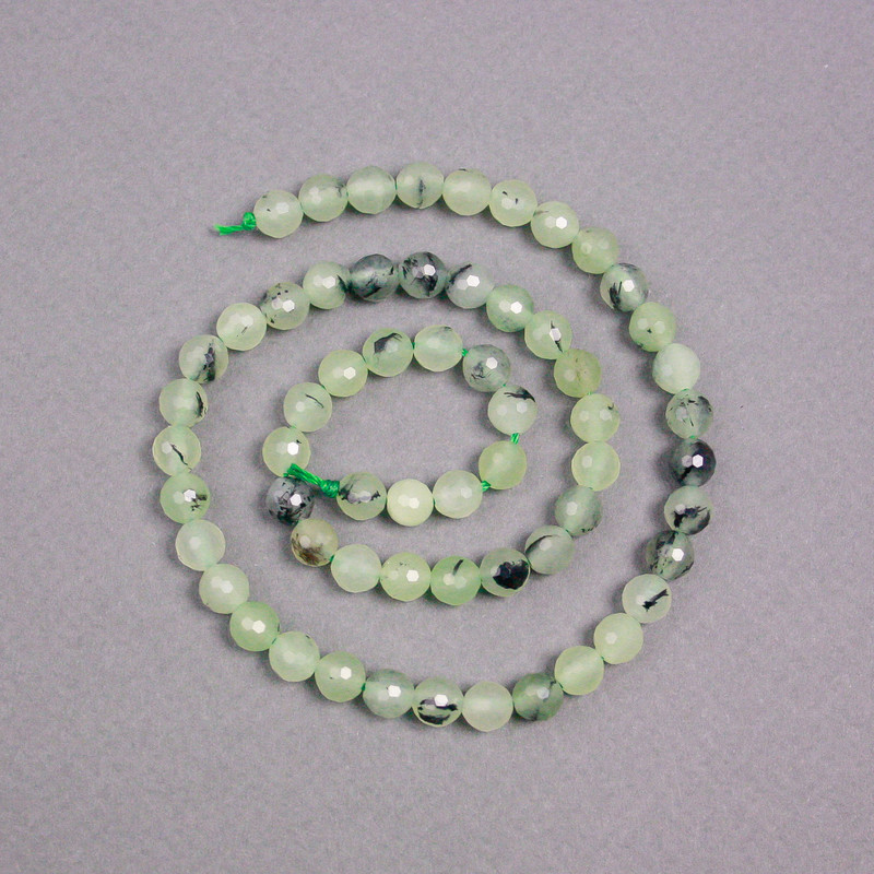 Prehnite Beads on Thread - Natural Stone, Faceted Round 6mm, Length 39cm
