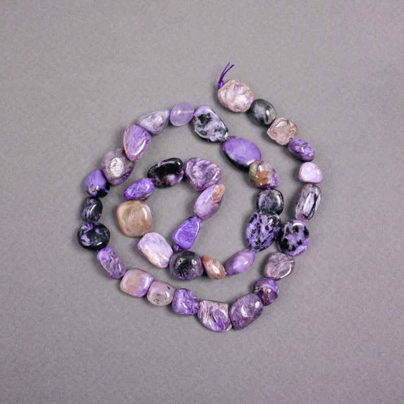 Charoite Beads on Thread, Natural Stone, Tumbled, 13x9 mm, +/- length 39 cm