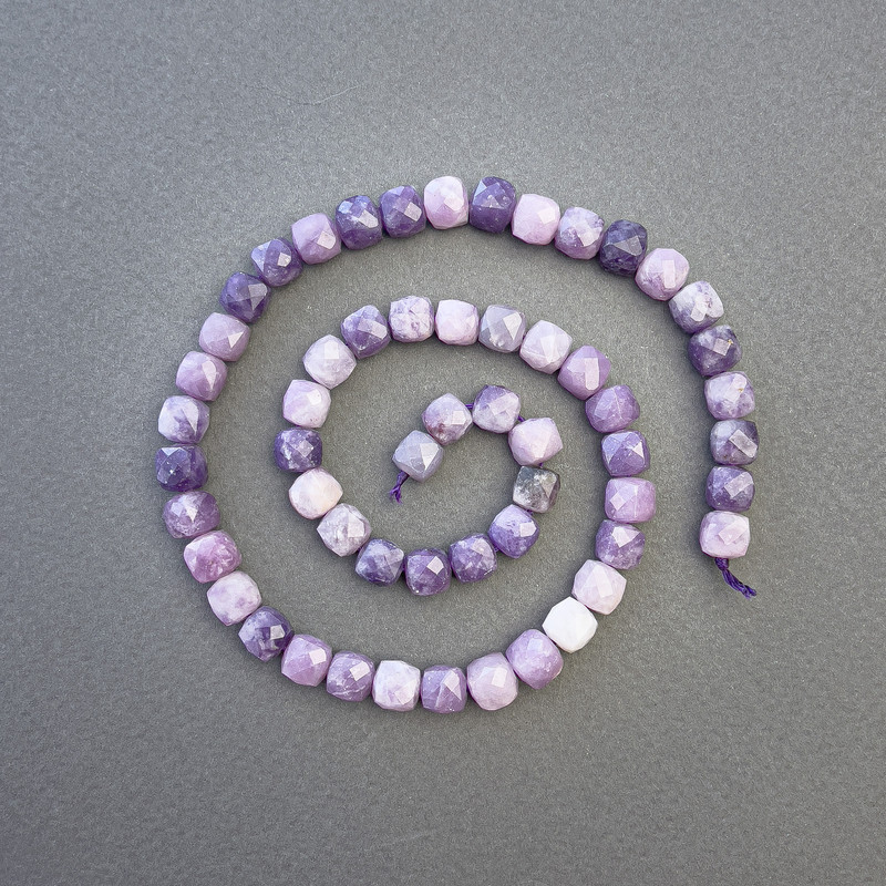 Lepidolite Beads Natural Stone Faceted Cube 7×7 mm, Threaded Necklace Length ~39 cm