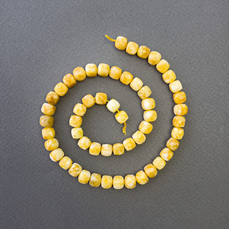 Yellow Jadeite Beads, natural faceted cube gemstone, diameter 7x7mm, approx 39cm length on thread