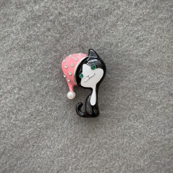 Brooch Cat Black and Pink Enamel with White and Green Rhinestones Silver Metal 35×23mm+