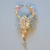 Scorpion Brooch with White and Green Rhinestones, Silver Metal 70x37mm+
