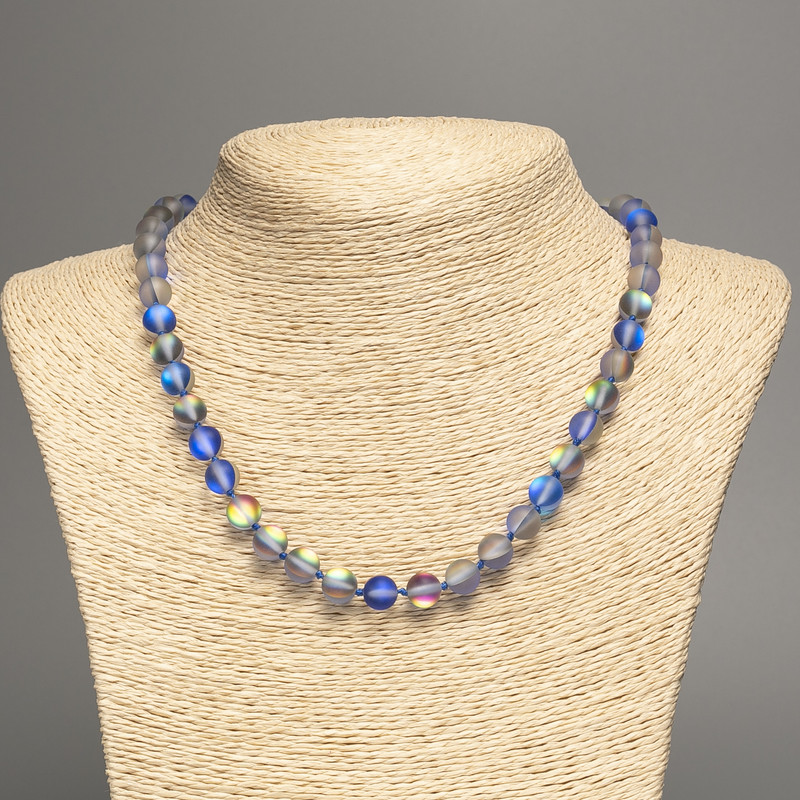 Opal glass necklace, blue matte chameleon, smooth round beads, diameter 8mm±, length 49cm±
