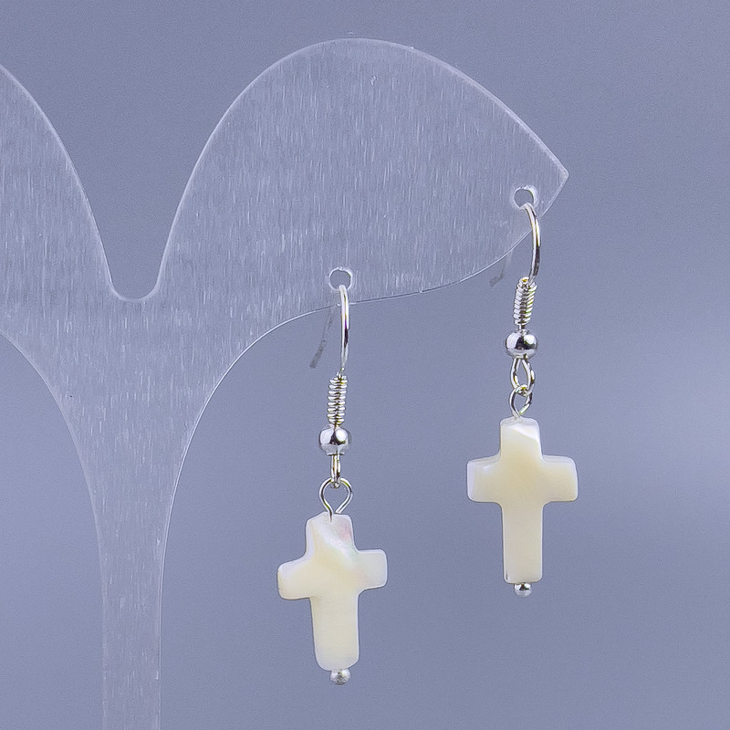 Earrings White Mother-of-P pearl cross, diameter 10x15mm, length 36mm+