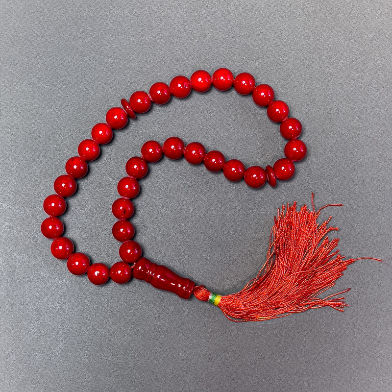 Coral Prayer Beads (unpolished) smooth beads, 12mm diameter ± 33 beads, with coral inlays