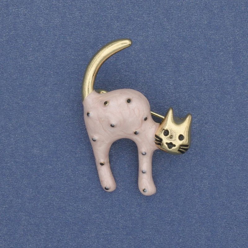 Brooch Cat Pink and Black Pearl, Gold-tone Metal 28x37mm