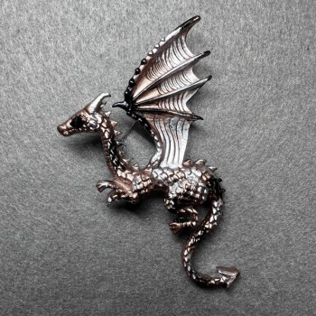 Brooch Dragon bronze matte with black enamel and silver-toned metal 42×66mm