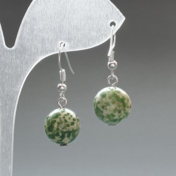 Earrings Mossy Agate Smooth Bead, diameter 12.5mm±, length 33mm±
