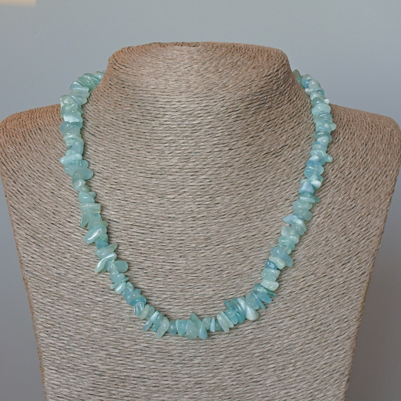 Necklace Aquamarine natural stone chip, diameter 9x4mm+-, length 47cm +