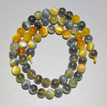 Cat's Eye Beads Yellow-Gray Natural Stone Smooth Round Bead, 6.5 mm diameter ±, 38 cm length ± on thread