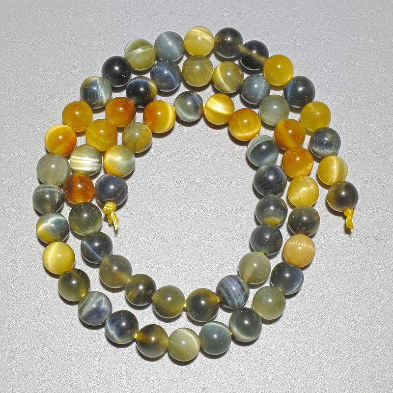 Cat's Eye Beads Yellow-Gray Natural Stone Smooth Round Bead, 6.5 mm diameter ±, 38 cm length ± on thread