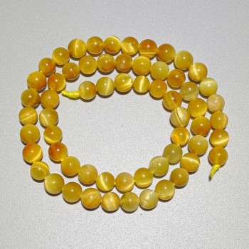 Cat's Eye Beads Yellow Natural Stone Smooth Round 6.5mm ±, Thread Length 38cm ±