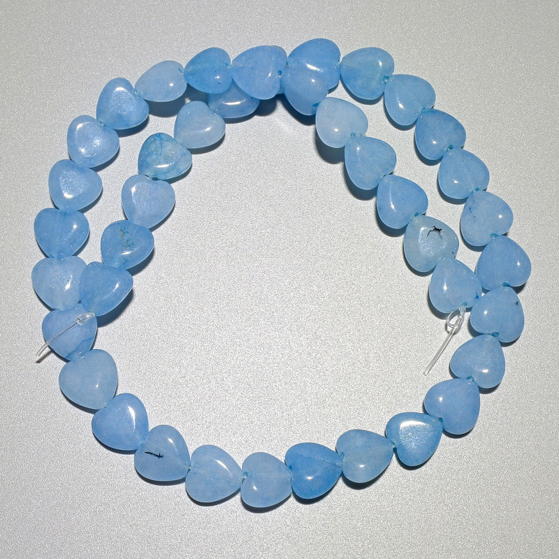 Aquamarine Beads Heart-Shaped Natural Stone, 10x10x5 mm ±, length 37 cm ± on thread