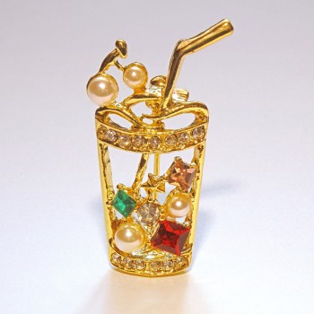Brooch Cocktail with colorful rhinestones and beads, gold-tone metal 15x35mm