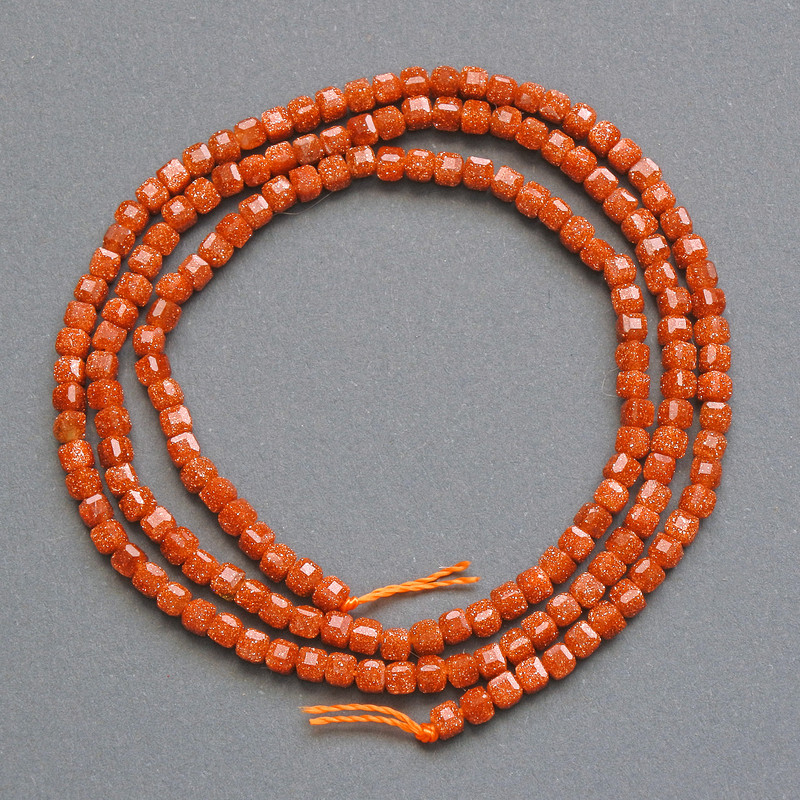 Beads Aventurine Golden Sand (synthetic) faceted cube, diameter 2mm±, length 37cm± on thread