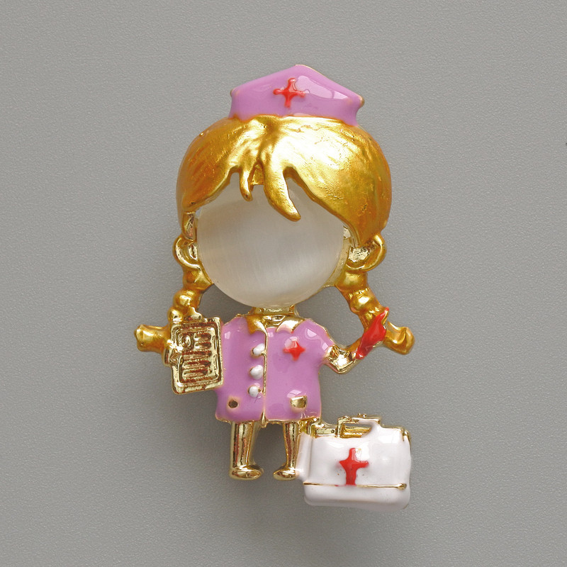 Brooch pendant Nurse with cat's eye white, purple and white enamel, golden metal 23×36mm