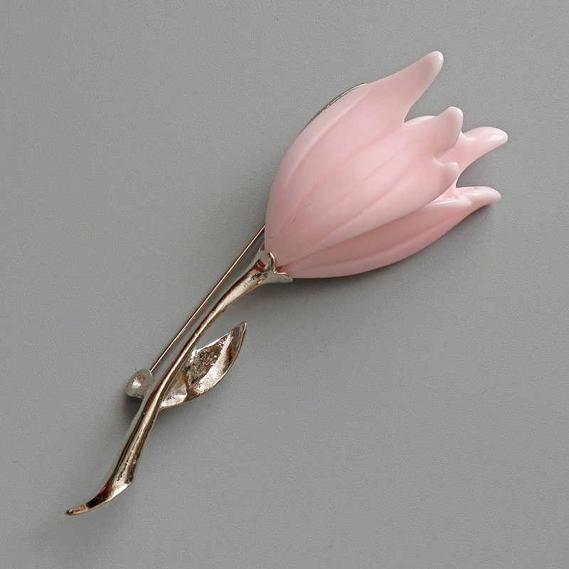 Brooch Tulip pink enamel, silver metal 24x72mm