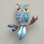 Brooch Pendant Owl with blue enamel, blue rhinestones, black bead, silver metal 31x38mm